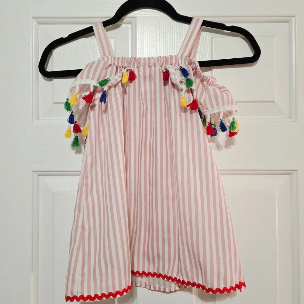 Boutique BMG Kids Girls Pink‎ Stripe Flamingo Tassel Cold Shoulder Dress Size 7Y